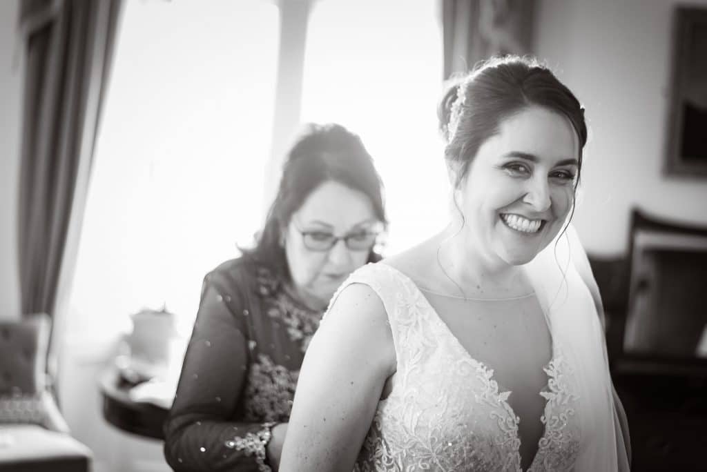 Smiling Bride during bridal preparations at Kinnitty Castle